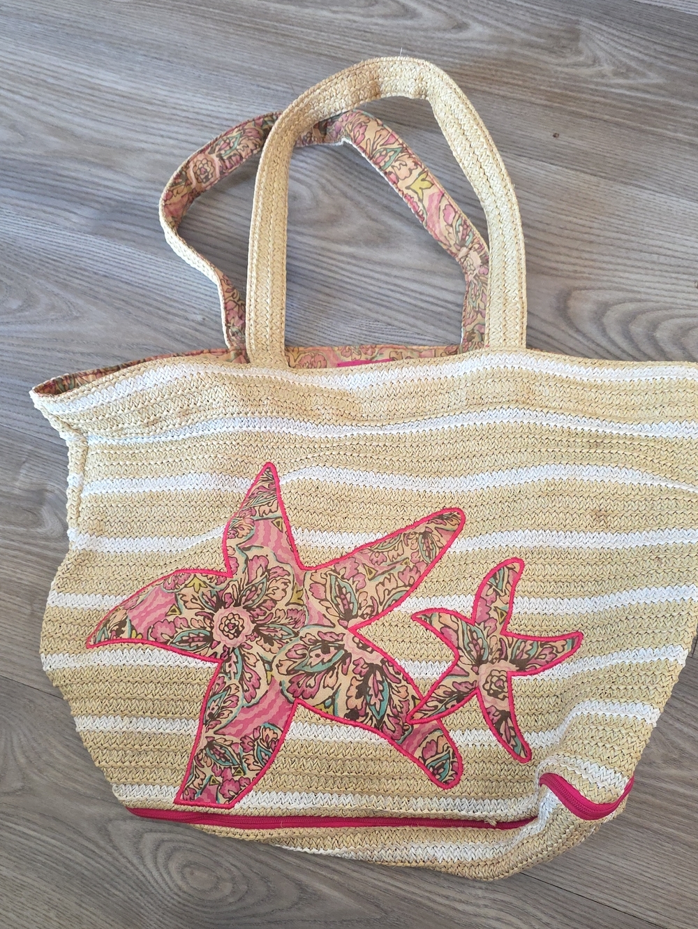 Vera Bradley Beige & Pink Striped Straw Tote with Floral Starfish Appliqués
